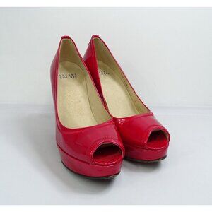 Stuart Weitzman Candy Apple Red Patent Leather Peep-Toe Pumps‎ Size 7 N Platform